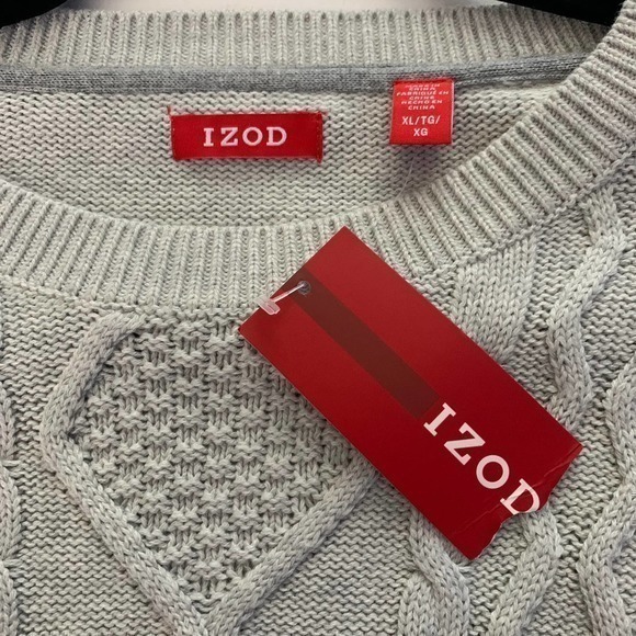 IZOD Sweater Light Grey Cotton Cable Knit Preppy Irish Ski Crew Neck- NWT - Picture 12 of 13